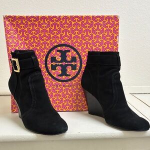 Tory Burch Black Ankle Booties with Gold Buckle